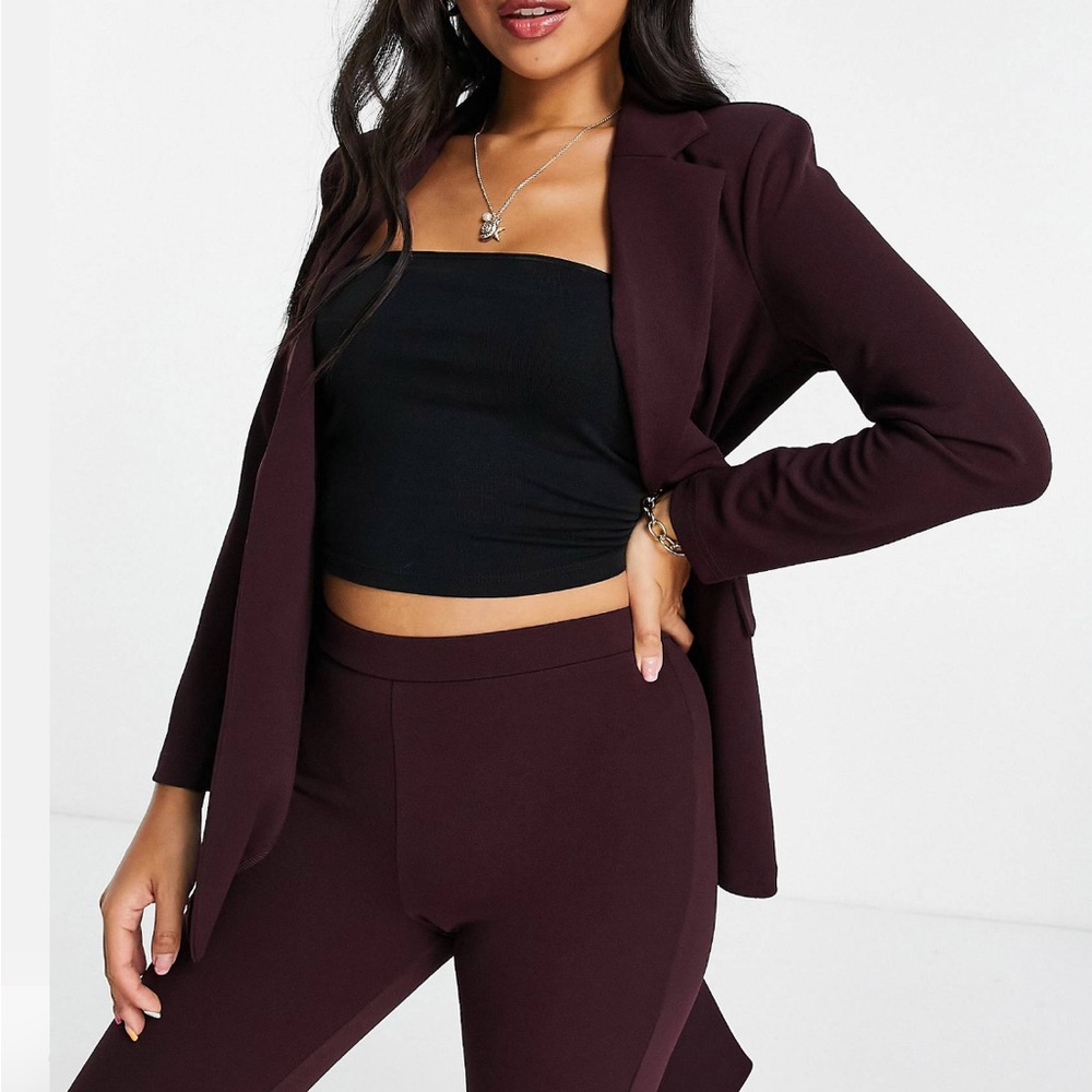 ASOS DESIGN Petite jersey suit blazer with obi tie waist in wine